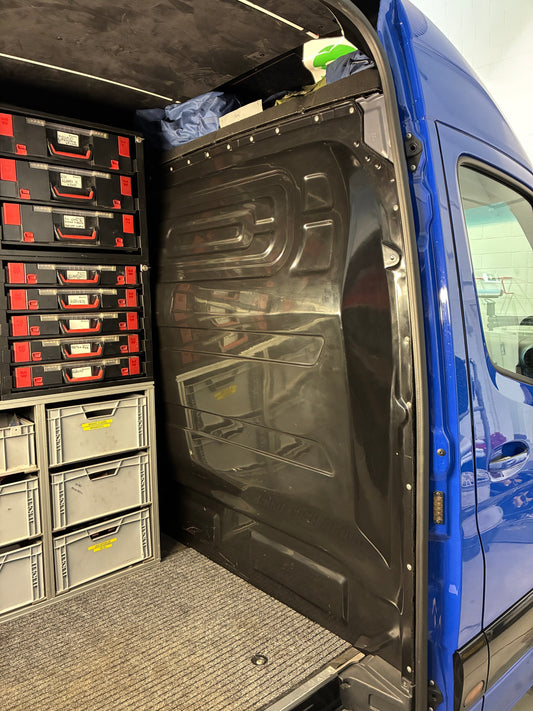 Neomatic Composite Extended Bulkhead for Mercedes-Benz Sprinter installed seen from the cargo space
