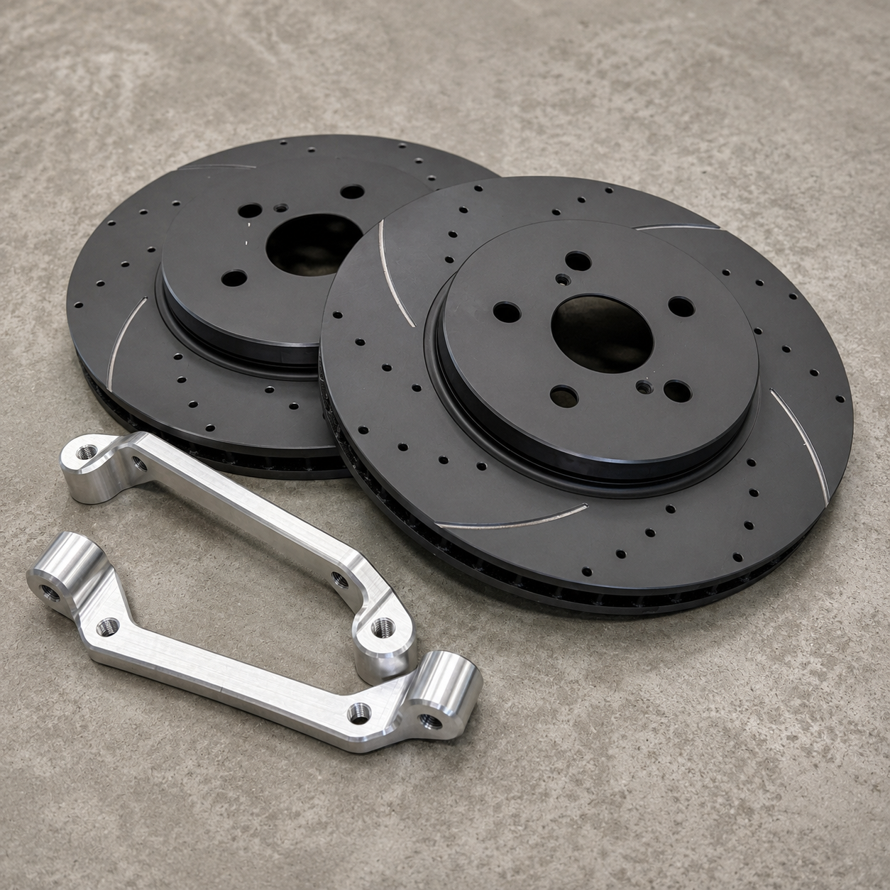 Complete GR Yaris Small Brake Kit with replacement rotors and machined aluminium caliper mounting brackets