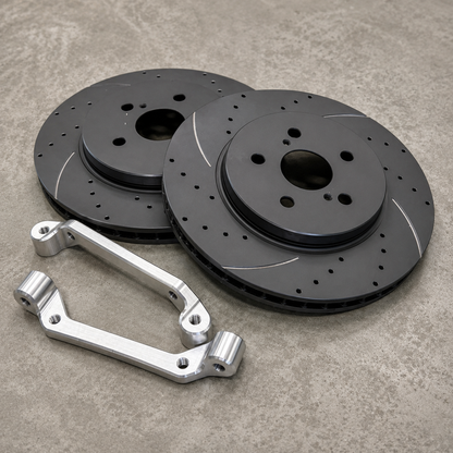 Complete GR Yaris Small Brake Kit with replacement rotors and machined aluminium caliper mounting brackets