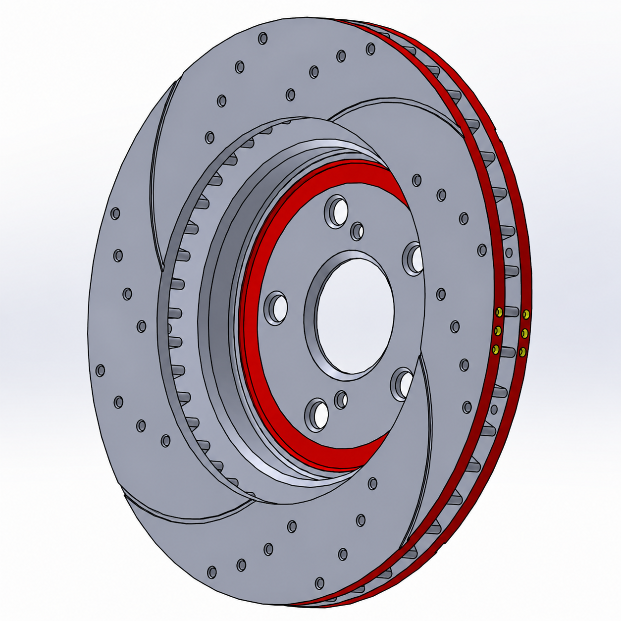 CAD model of Neomatic GR Yaris Small Brake Kit replacement brake disc showing drilled, slotted and ventilated rotor design with modifications