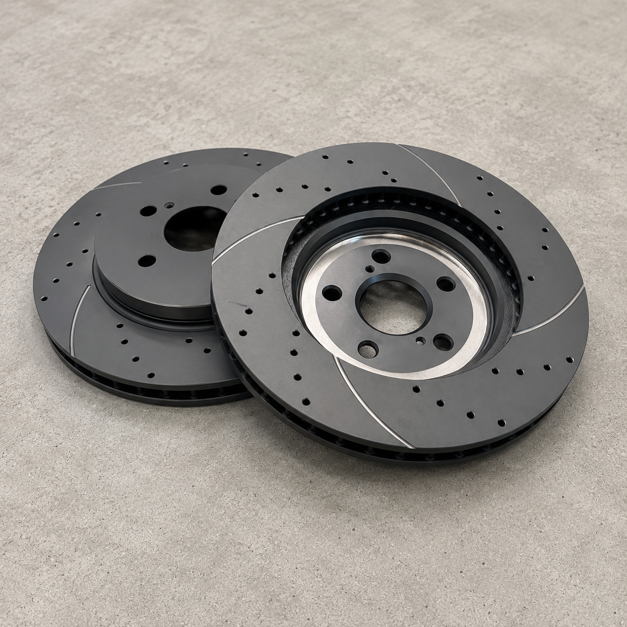 Replacement brake discs for Neomatic GR Yaris Small Brake Kit showing ventilated rotor construction and mounting face