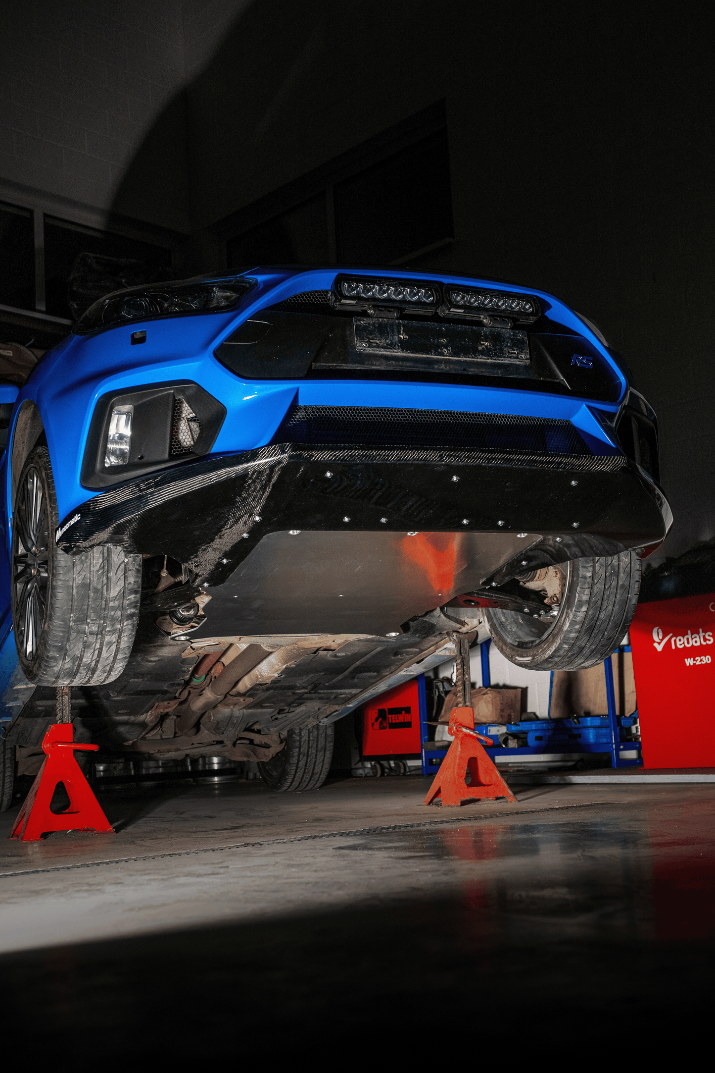 Neomatic Focus RS Sump Guard Kit seen installed from under the car