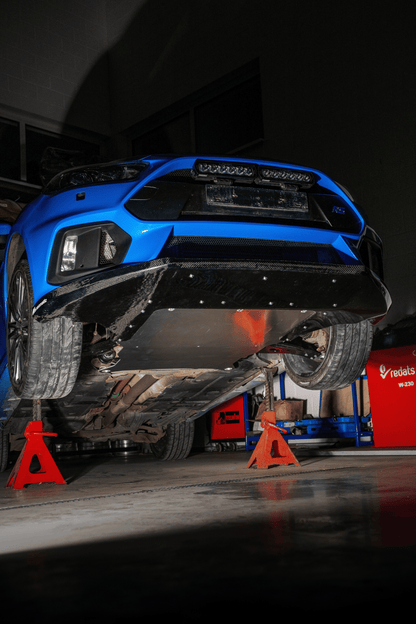 Neomatic Focus RS Sump Guard Kit seen installed from under the car