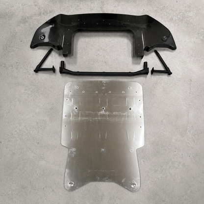 Gen1 GR Yaris Sump Guard Kit components including aluminium skid plate, steel mounting bar and composite front underguard