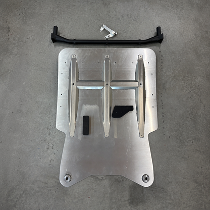 Gen2 GR Yaris skid plate underside with welded reinforcement ribs and protective foam pads for engine oil sump and gearbox