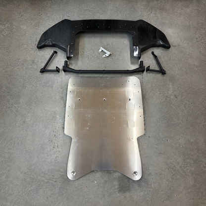 Gen2 GR Yaris Sump Guard Kit components including aluminium skid plate, steel mounting bar, composite front underguard and gearbox cooler relocation bracket